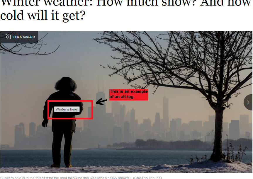 Example of an SEO alt tag from a photo in a Chicago Tribune article. Example of an SEO alt tag from a photo in a Chicago Tribune article.