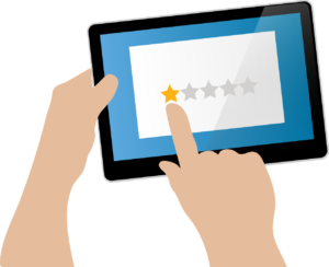 Man giving 1 star review on a tablet.