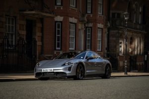 Silver Porsche Taycan in Europe.