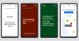 Four phones displaying different search queries.